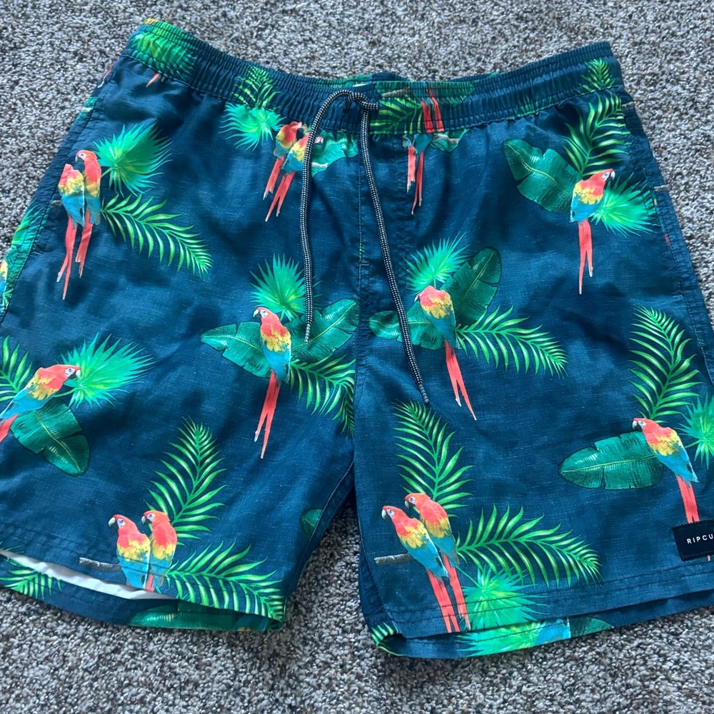 Rip Curl Men’s Swim trunks board Shorts Green Palm & Multicolor Parrot Print lrg - Picture 1 of 7